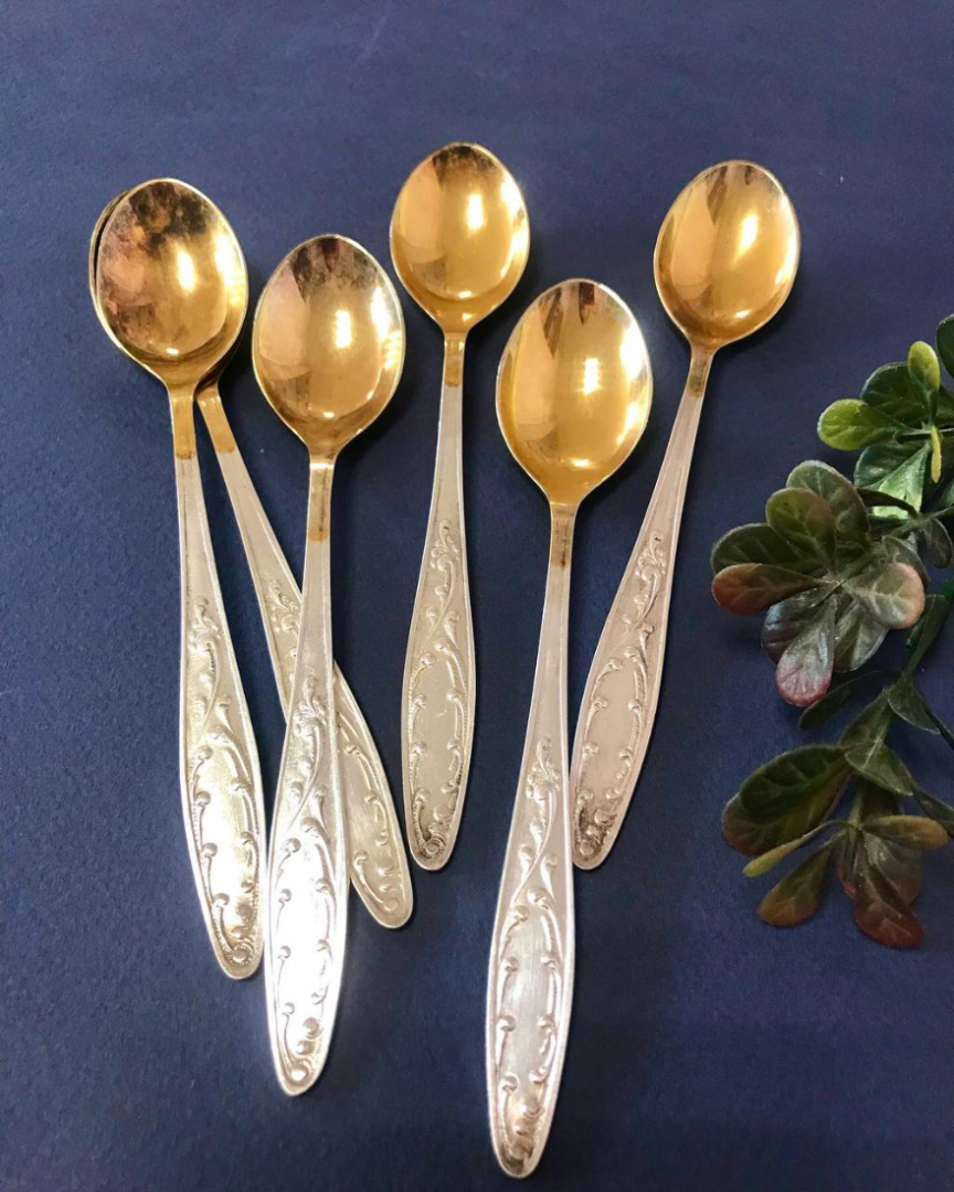 Ложки чайные "Пламя", з-д Кольчугино, мнц с серебрением и золочением, винтаж, СССР. Цена за 6шт. Картинка 2